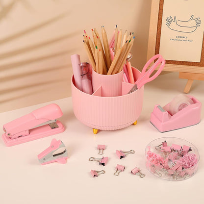 Pink Desk Accessories 11Pcs with Rotating Pen Holder for Desk