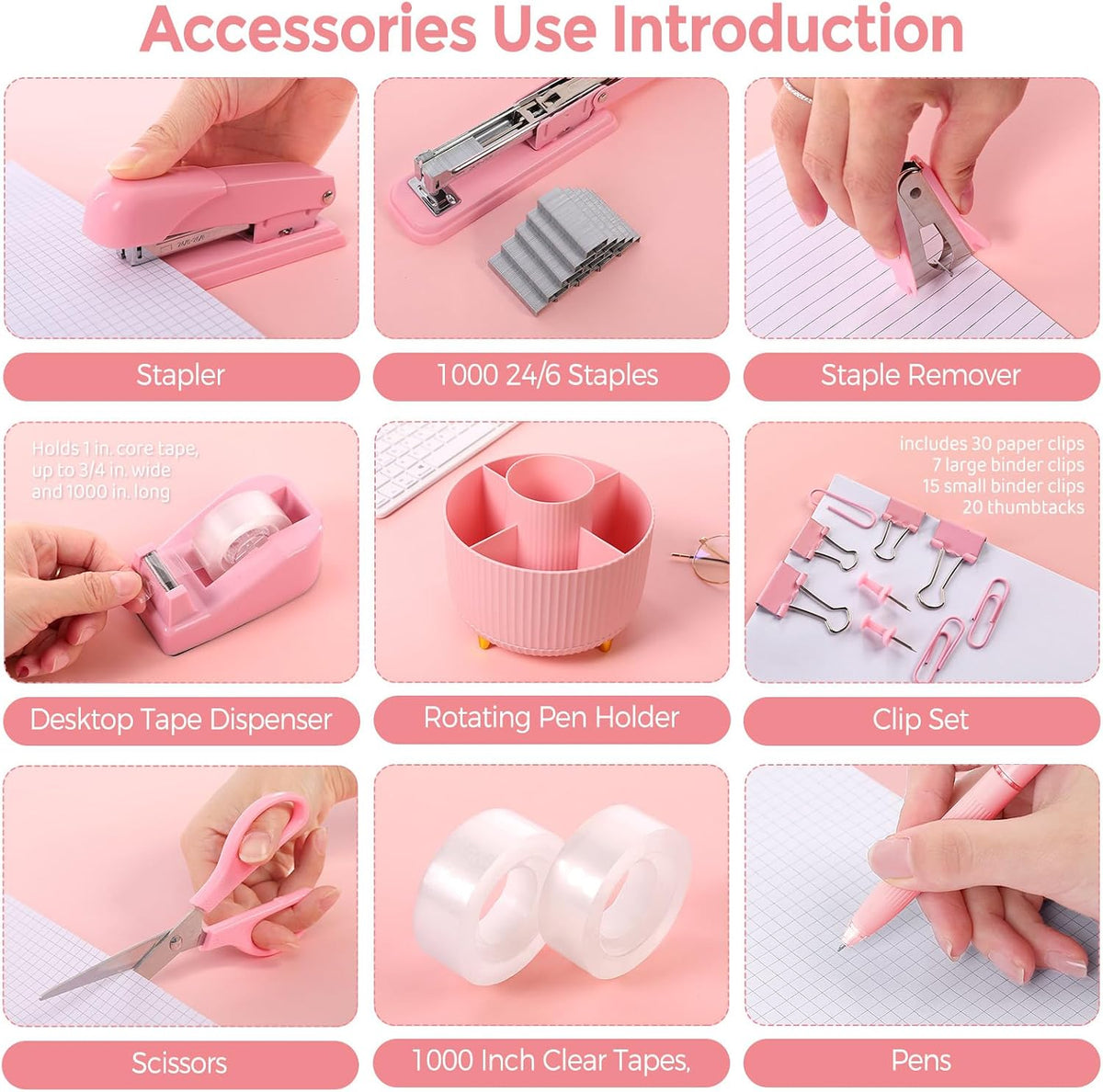 Pink Desk Accessories 11Pcs with Rotating Pen Holder for Desk