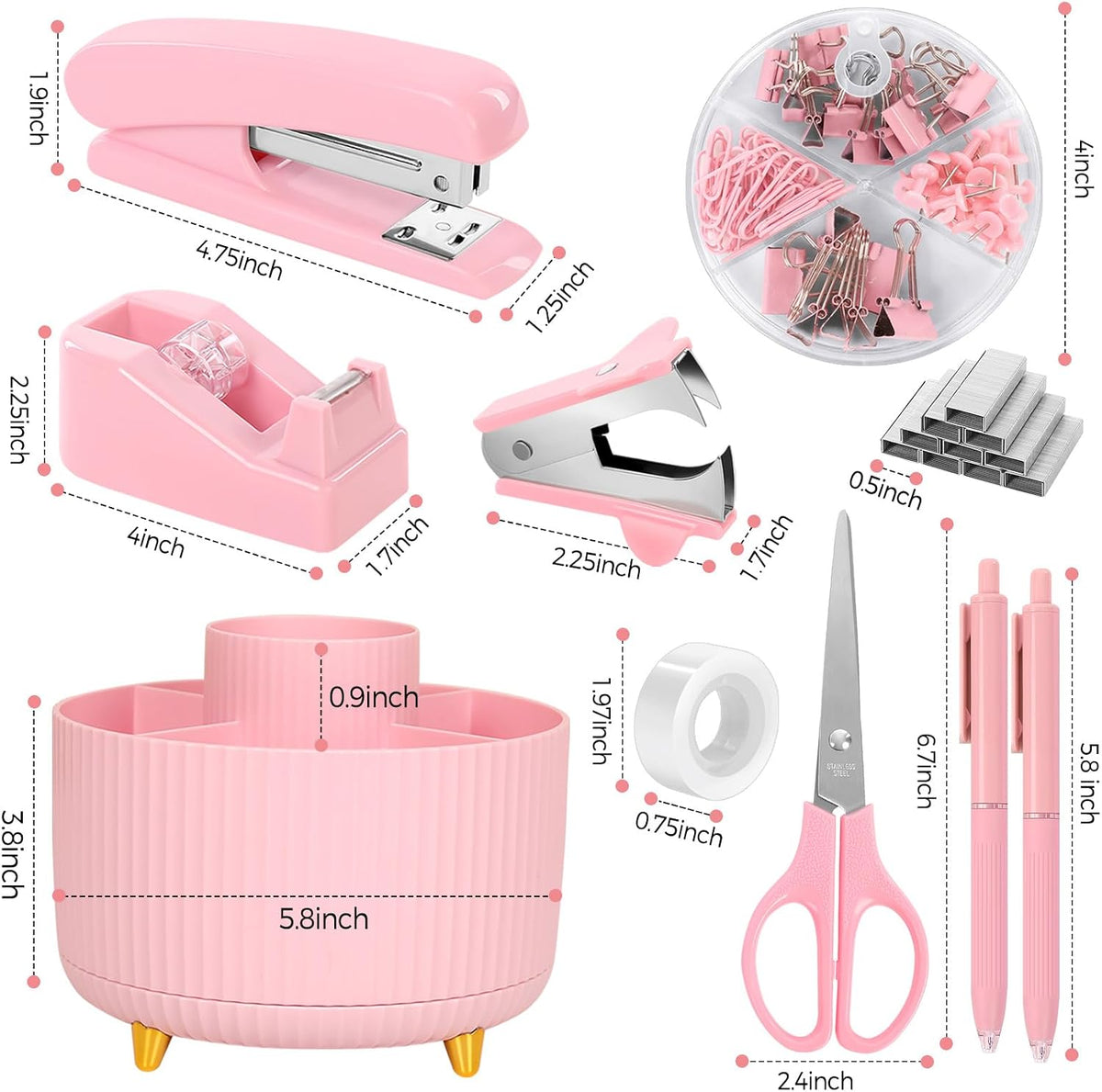 Pink Desk Accessories 11Pcs with Rotating Pen Holder for Desk
