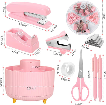 Pink Desk Accessories 11Pcs with Rotating Pen Holder for Desk