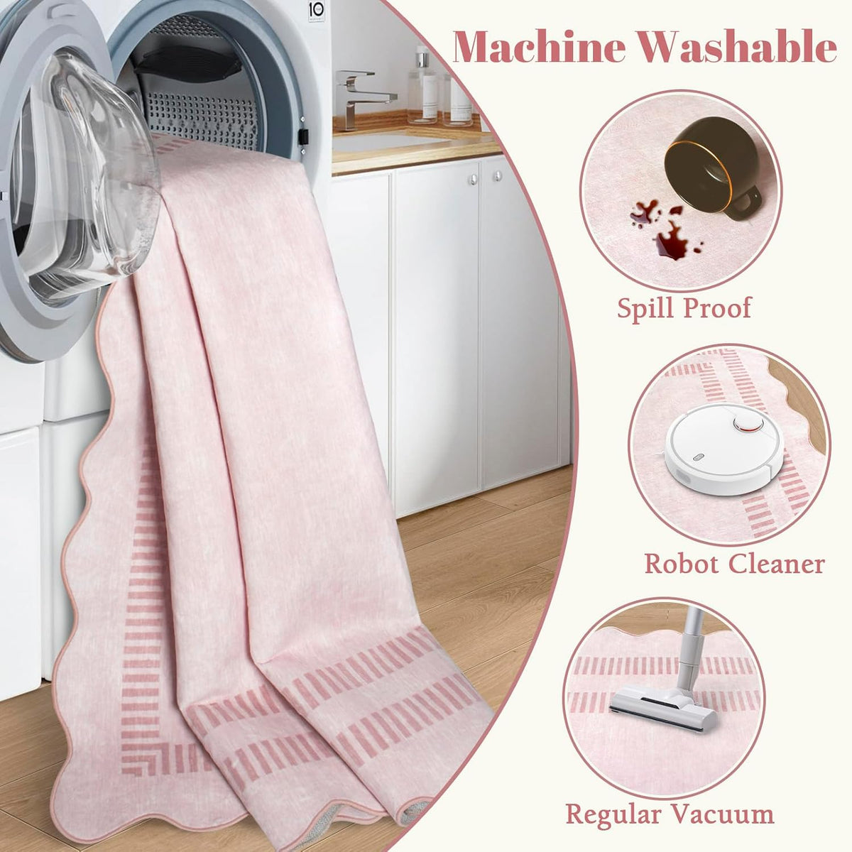 Washable 5ft Area Rugs for Living Room, Solid Pink Non Slip Rugs for Bedroom Girls, Stain Resistant Scalloped Soft Carpet for Nursery Dorm Dining Room