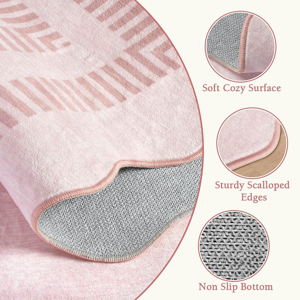 Washable 5ft Area Rugs for Living Room, Solid Pink Non Slip Rugs for Bedroom Girls, Stain Resistant Scalloped Soft Carpet for Nursery Dorm Dining Room