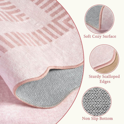 Washable 5ft Area Rugs for Living Room, Solid Pink Non Slip Rugs for Bedroom Girls, Stain Resistant Scalloped Soft Carpet for Nursery Dorm Dining Room