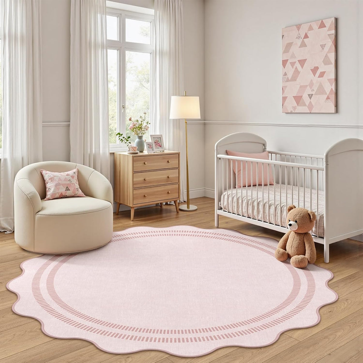 Washable 5ft Area Rugs for Living Room, Solid Pink Non Slip Rugs for Bedroom Girls, Stain Resistant Scalloped Soft Carpet for Nursery Dorm Dining Room
