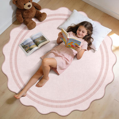 Washable 5ft Area Rugs for Living Room, Solid Pink Non Slip Rugs for Bedroom Girls, Stain Resistant Scalloped Soft Carpet for Nursery Dorm Dining Room