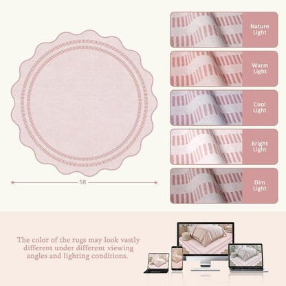 Washable 5ft Area Rugs for Living Room, Solid Pink Non Slip Rugs for Bedroom Girls, Stain Resistant Scalloped Soft Carpet for Nursery Dorm Dining Room