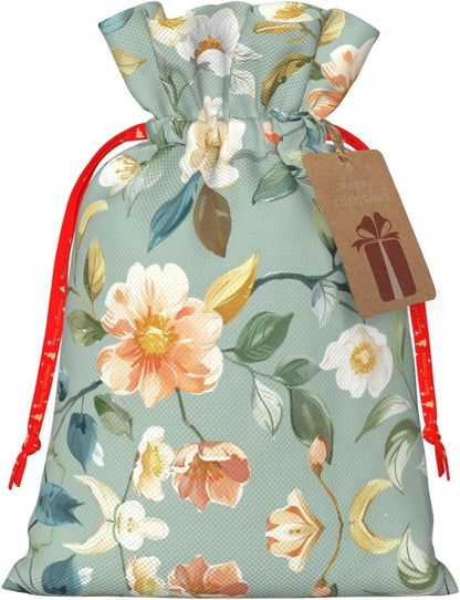 Gentle Peach White Vines Print Drawstring Gift Bags Various Sizes Perfect For Gifts Bulk Plastic Packaging Bags