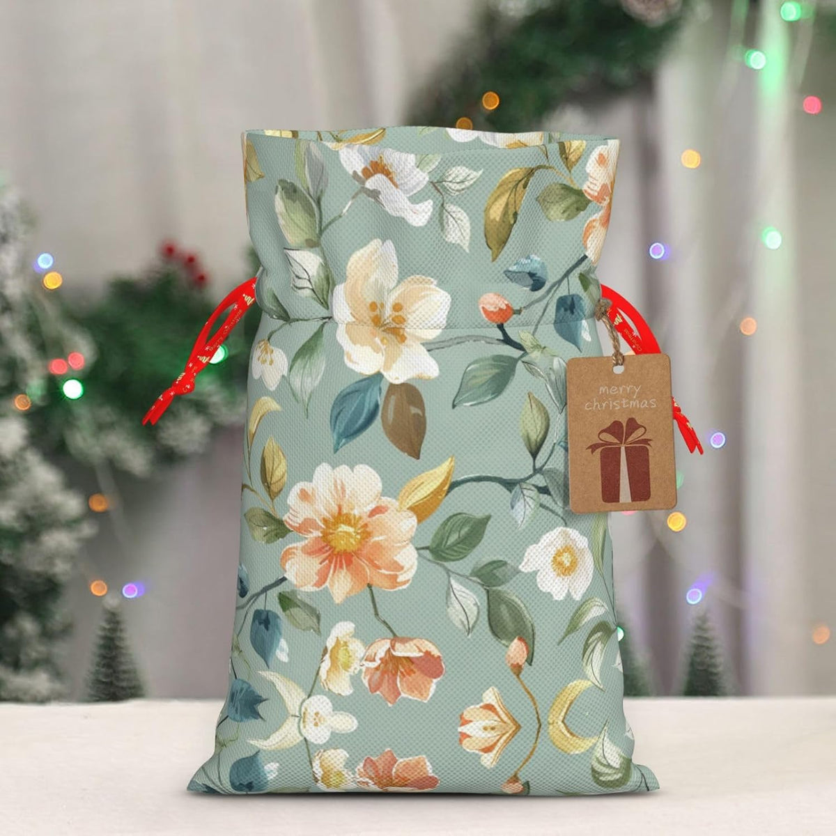 Gentle Peach White Vines Print Drawstring Gift Bags Various Sizes Perfect For Gifts Bulk Plastic Packaging Bags