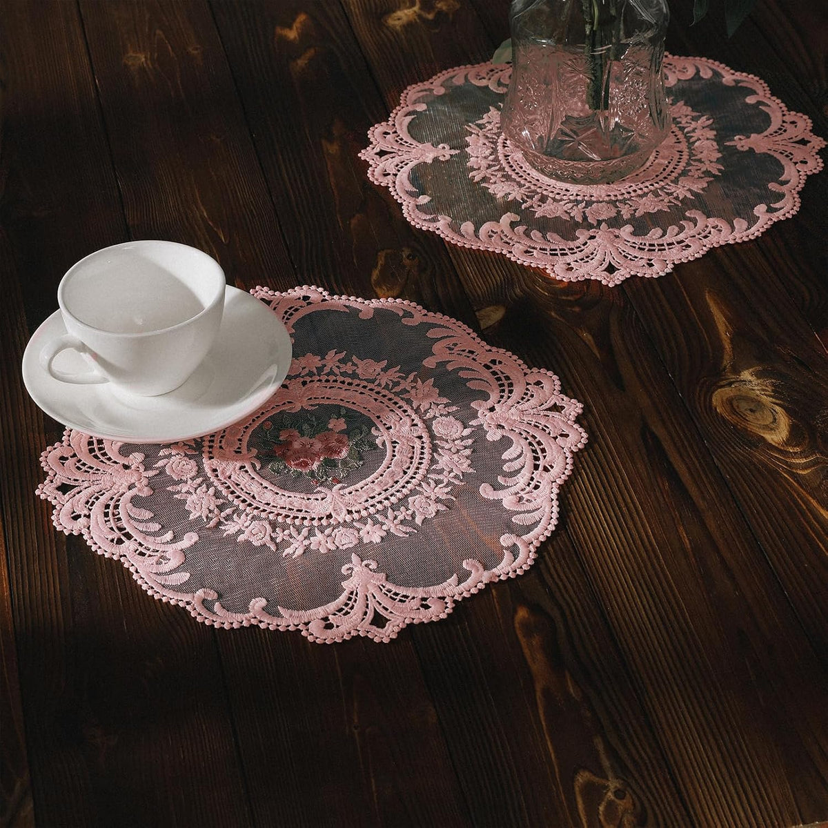 Embroidered Placemats Set of 4, Retro Handmand Place Mats Vintage Cup Vase Table Mat for Dining Table Kitchen Party -Pink, 4PCS