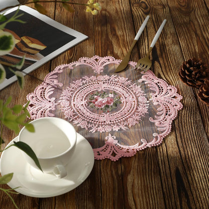 Embroidered Placemats Set of 4, Retro Handmand Place Mats Vintage Cup Vase Table Mat for Dining Table Kitchen Party -Pink, 4PCS