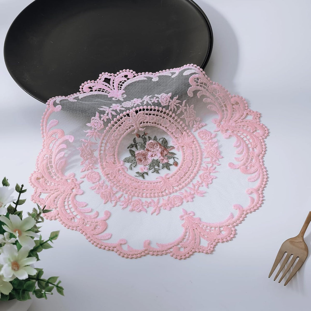 Embroidered Placemats Set of 4, Retro Handmand Place Mats Vintage Cup Vase Table Mat for Dining Table Kitchen Party -Pink, 4PCS