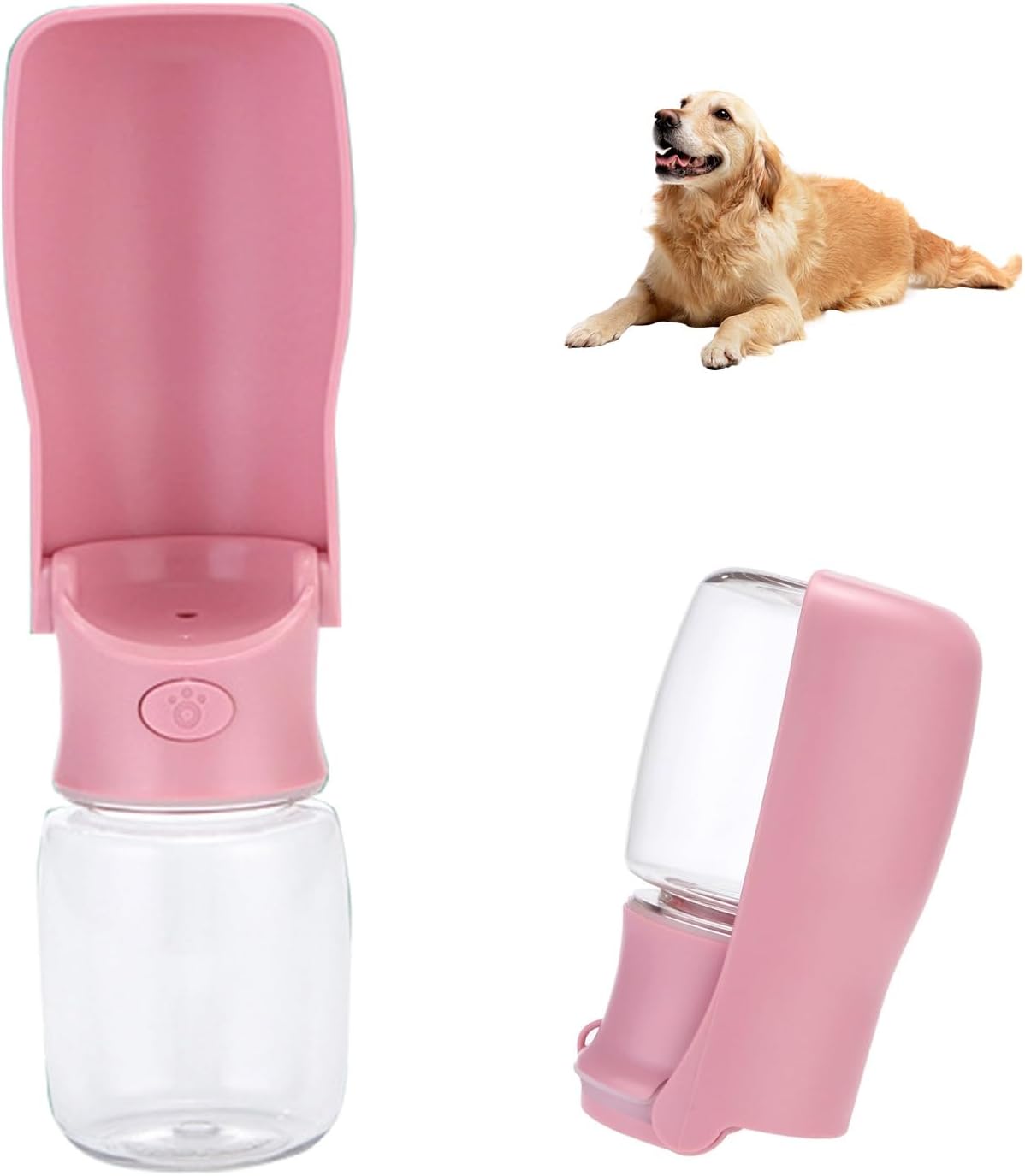 Foldable Dog Water Bottle, Leak Proof Portable Pet Water Dispenser for Dogs and Cats, One-Hand Travel Water Bottle for Walking Hiking Outdoor Use (350ml, Pink)
