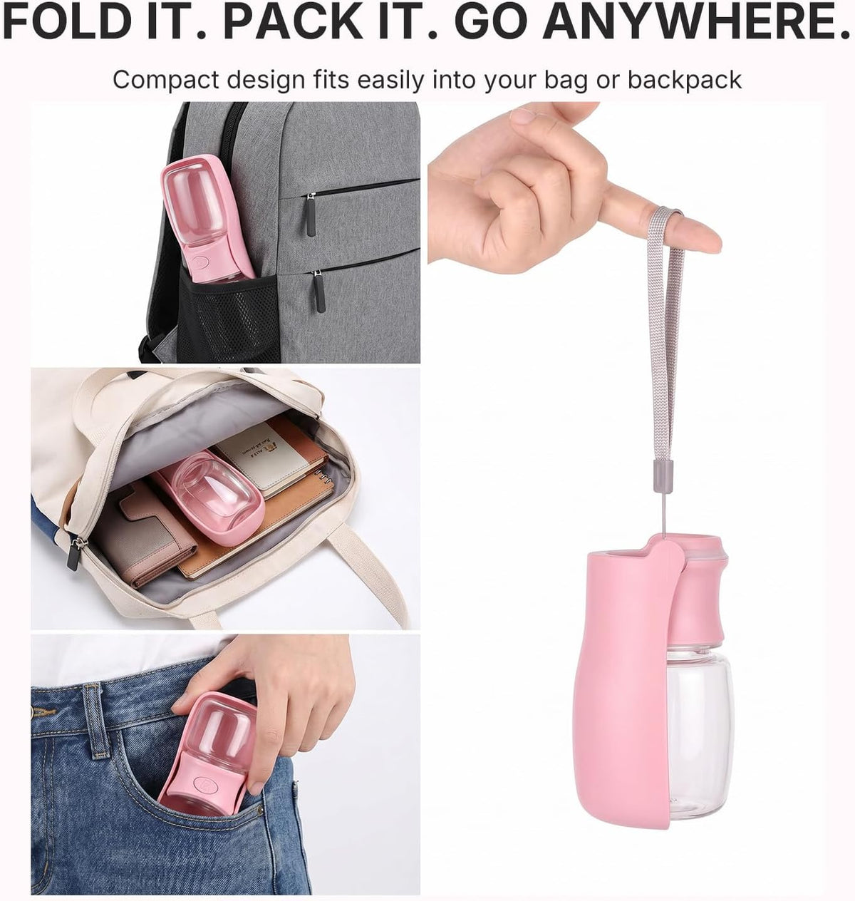 Foldable Dog Water Bottle, Leak Proof Portable Pet Water Dispenser for Dogs and Cats, One-Hand Travel Water Bottle for Walking Hiking Outdoor Use (350ml, Pink)