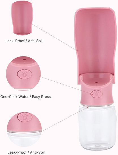 Foldable Dog Water Bottle, Leak Proof Portable Pet Water Dispenser for Dogs and Cats, One-Hand Travel Water Bottle for Walking Hiking Outdoor Use (350ml, Pink)