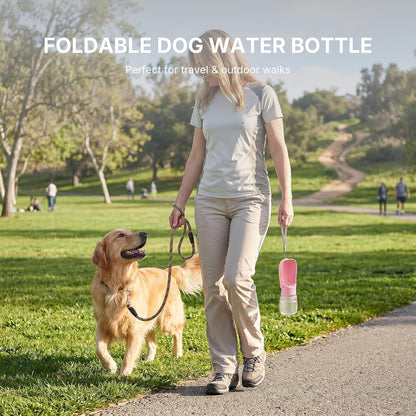 Foldable Dog Water Bottle, Leak Proof Portable Pet Water Dispenser for Dogs and Cats, One-Hand Travel Water Bottle for Walking Hiking Outdoor Use (350ml, Pink)