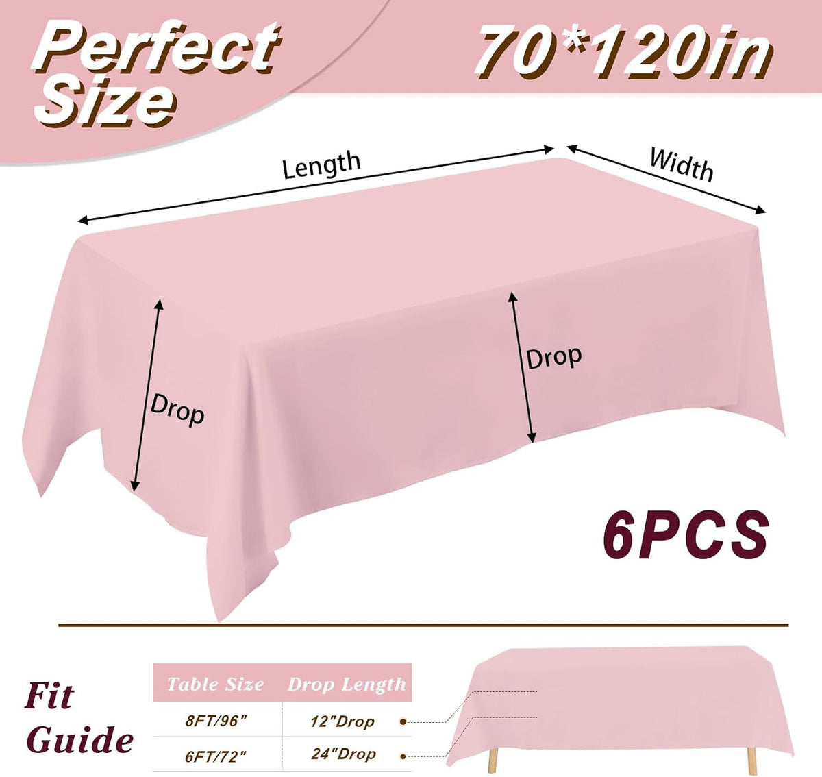 6 Pack 70 x 120 Inch Tablecloths Rectangle Pink Table Cover