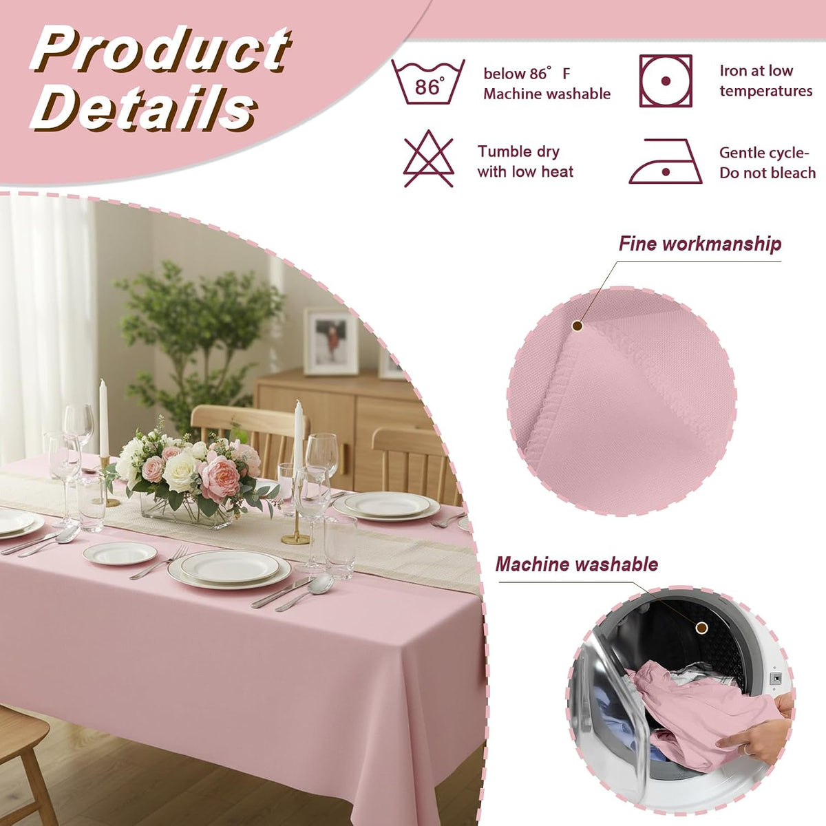 6 Pack 70 x 120 Inch Tablecloths Rectangle Pink Table Cover