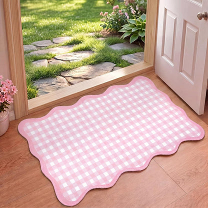 Pink and White Small Scalloped Plaid Rug 1.4x2.3ft Buffalo Checkered Mat