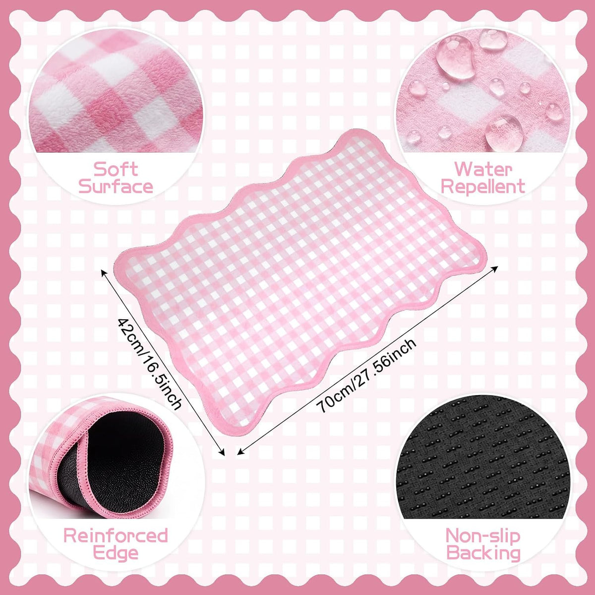 Pink and White Small Scalloped Plaid Rug 1.4x2.3ft Buffalo Checkered Mat
