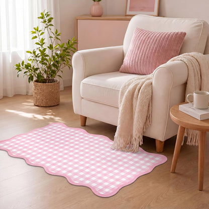 Pink and White Small Scalloped Plaid Rug 1.4x2.3ft Buffalo Checkered Mat