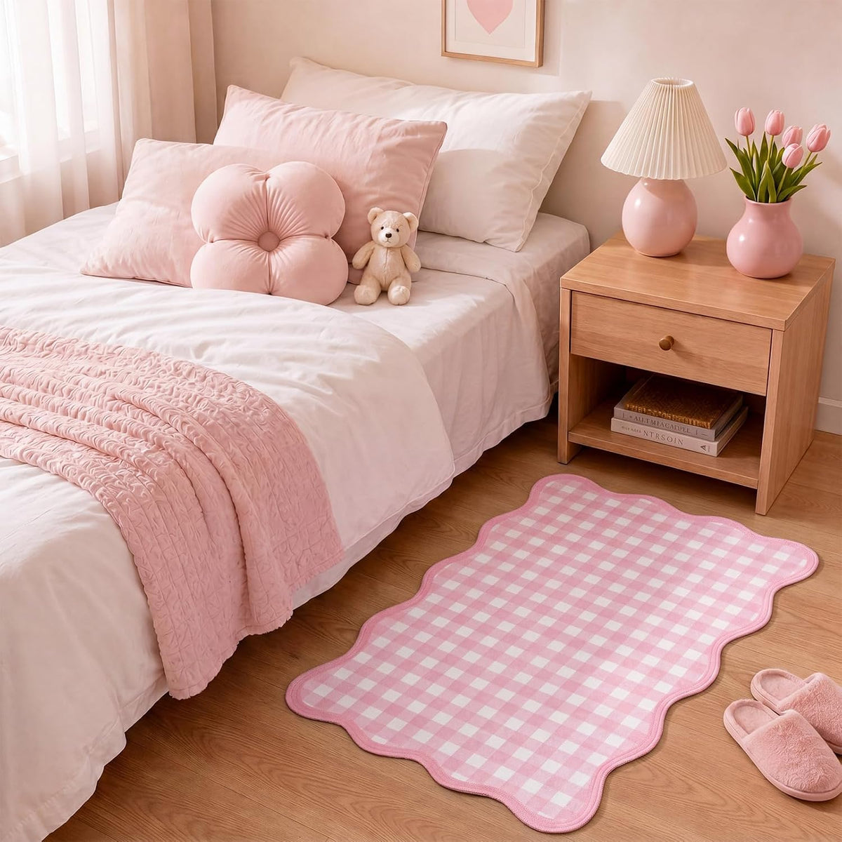 Pink and White Small Scalloped Plaid Rug 1.4x2.3ft Buffalo Checkered Mat
