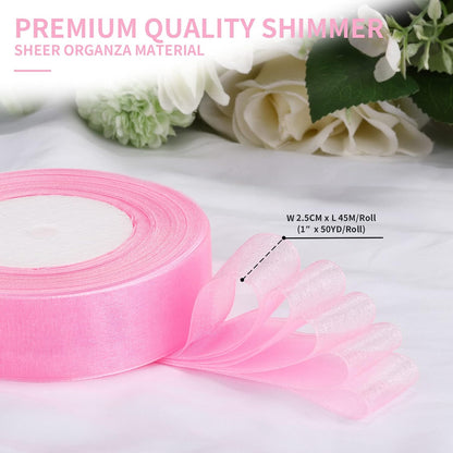 50yd 1-inch Premium Quality Shimmer Sheer Organza Ribbon-Pure Color (Pink)