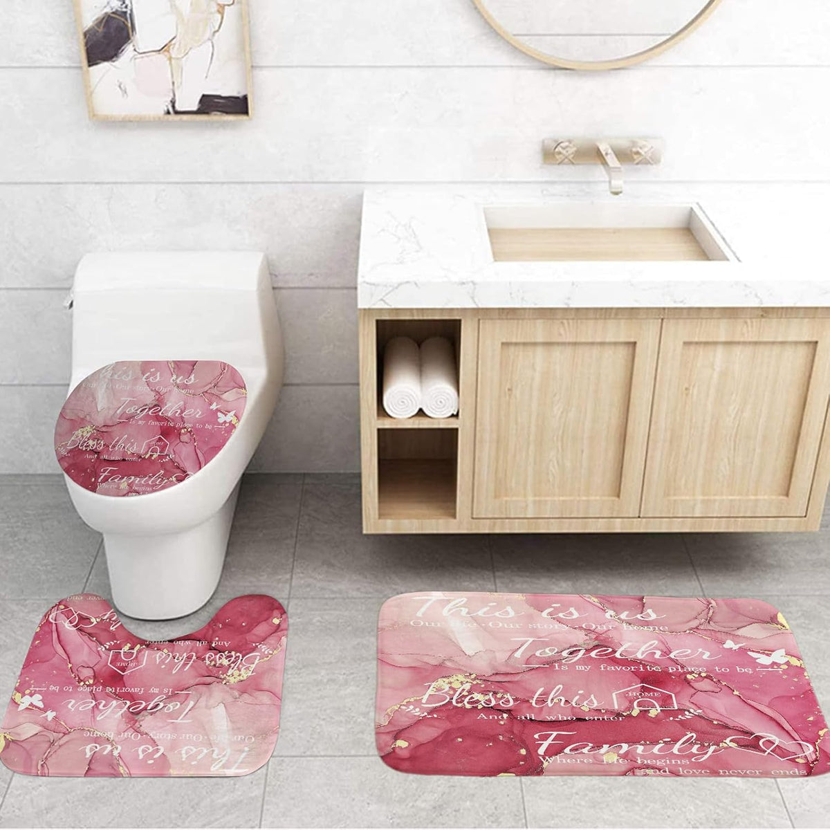 4Pcs Family Marble Shower Curtain Sets with Rugs