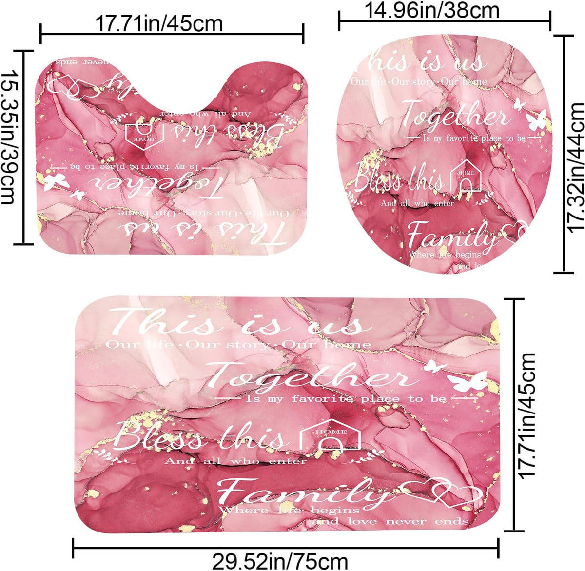 4Pcs Family Marble Shower Curtain Sets with Rugs