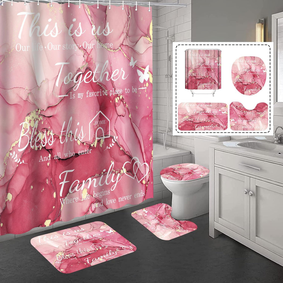4Pcs Family Marble Shower Curtain Sets with Rugs