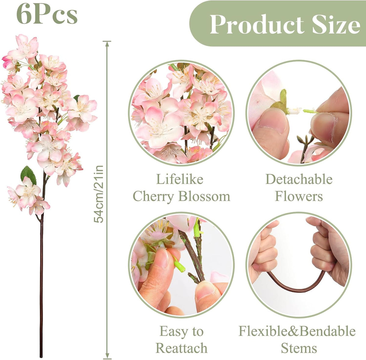 Artificial Cherry Blossom Branches 6PCS Fake Flowers Artificial Faux Silk Flowers Plum Tree Blossom Fake Plants Arrangement for Spring DIY Home Wedding Table Office Vase Decor (Pink)