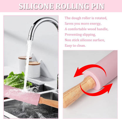 3Pcs Silicone Rolling Pin for Baking Sets,15Inch Pastry Dough Roller with Wooden Handle Silicone Mat and Brush, Non Stick Surface Rolling Pins for Dough Cookie Baking Supplies Kitchen Accessories