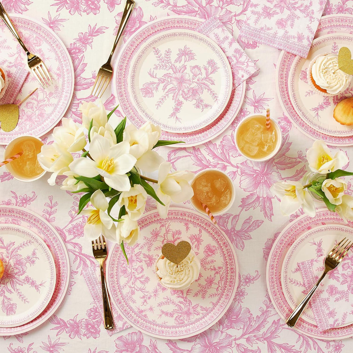 Pink Toile Paper Tablecloth | Rectangle Tablecloth/Table Cover for Bridal and Baby Shower, Tea Party, Garden Party, Birthday | 8.5' by 4.5' Table Cloth Rectangle Table