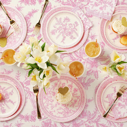Pink Toile Paper Tablecloth | Rectangle Tablecloth/Table Cover for Bridal and Baby Shower, Tea Party, Garden Party, Birthday | 8.5' by 4.5' Table Cloth Rectangle Table