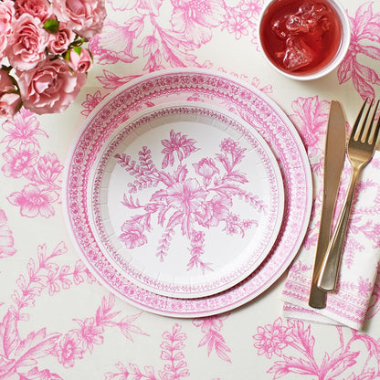 Pink Toile Paper Tablecloth | Rectangle Tablecloth/Table Cover for Bridal and Baby Shower, Tea Party, Garden Party, Birthday | 8.5' by 4.5' Table Cloth Rectangle Table