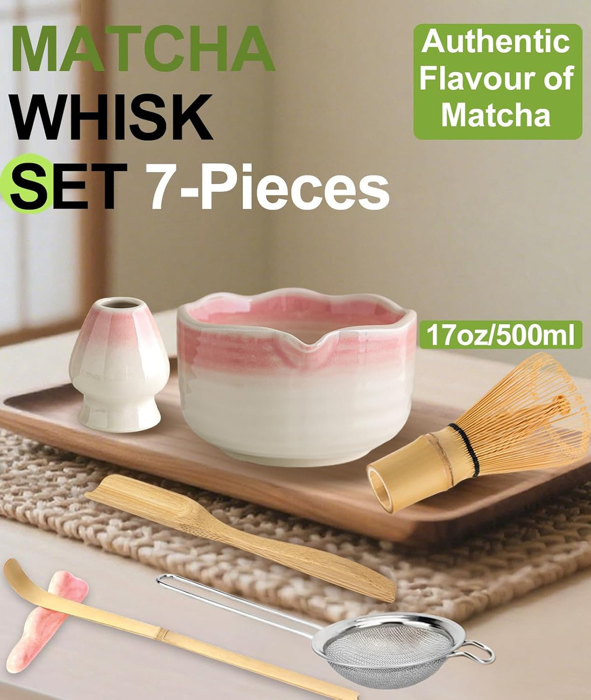 Matcha Whisk Set, 7PCS Matcha Set with Bamboo Whisk and Ceramic Bowl
