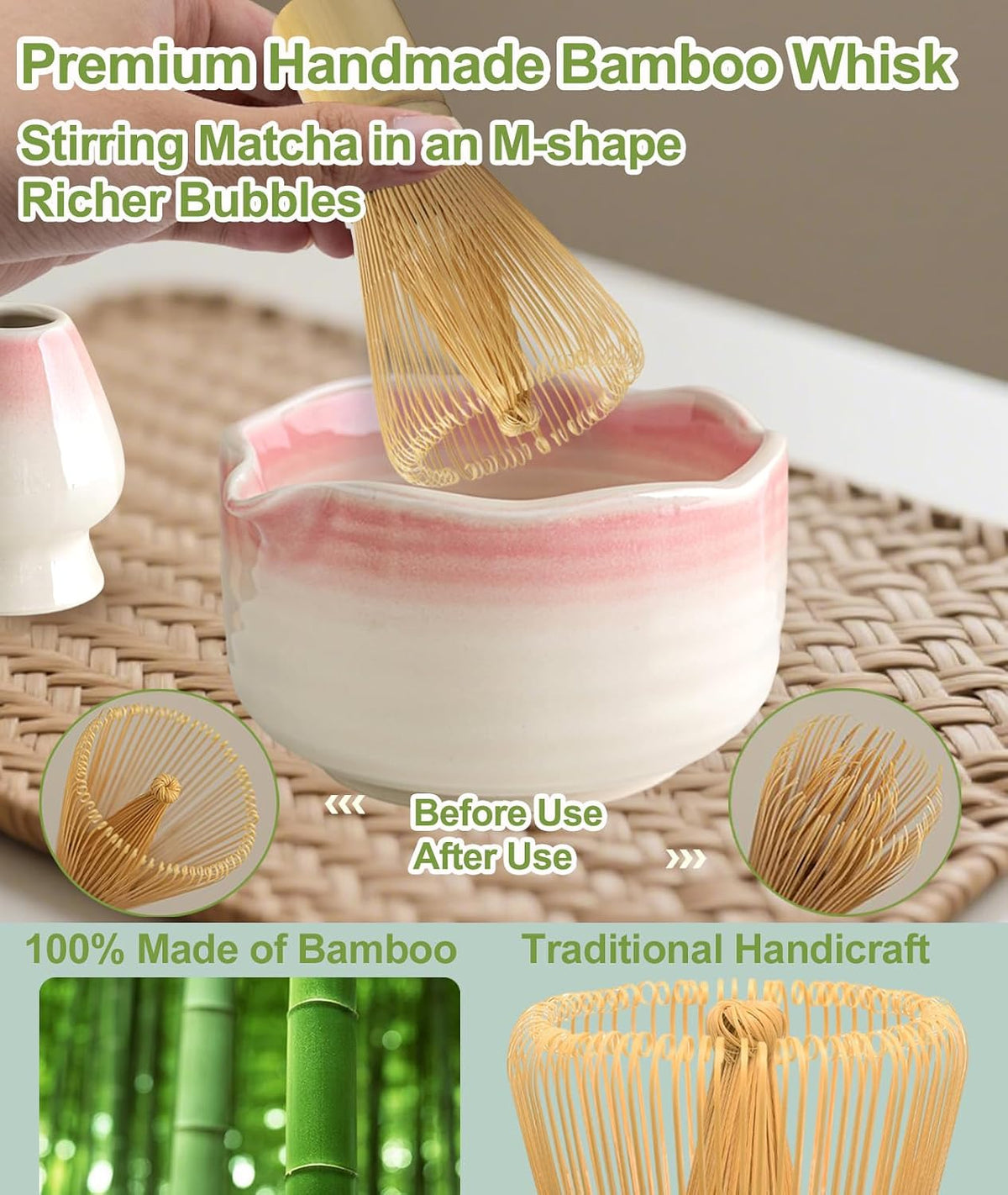Matcha Whisk Set, 7PCS Matcha Set with Bamboo Whisk and Ceramic Bowl