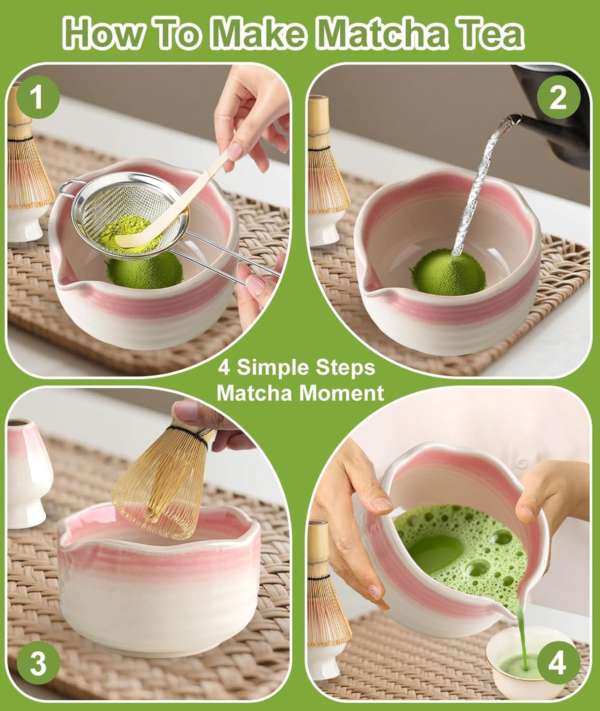 Matcha Whisk Set, 7PCS Matcha Set with Bamboo Whisk and Ceramic Bowl