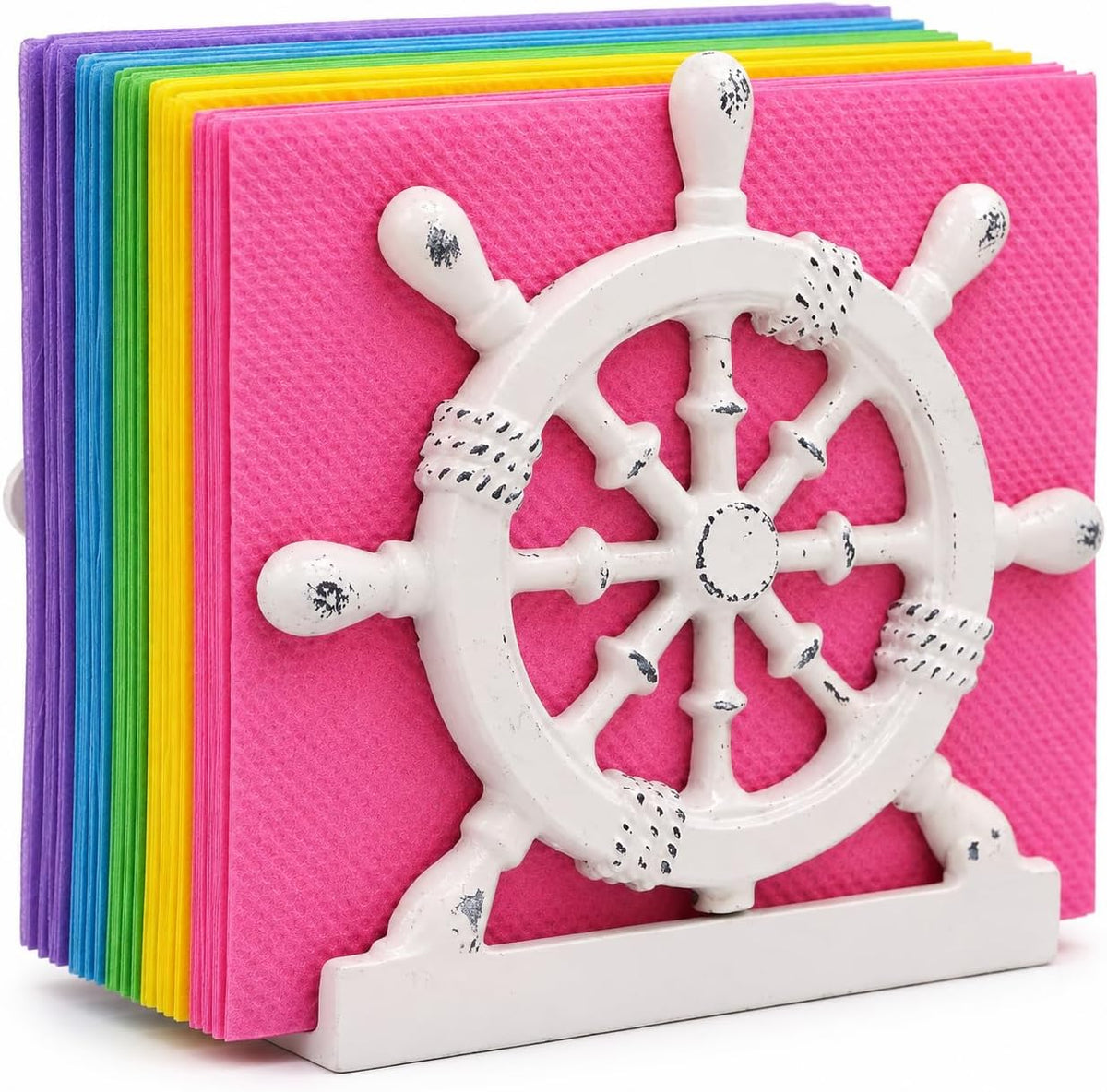Nautical Napkin Holder, Lunch, Dinner, Nautical Collection Napkin Holder, Made of Metal (Wheel Distressed Pink)