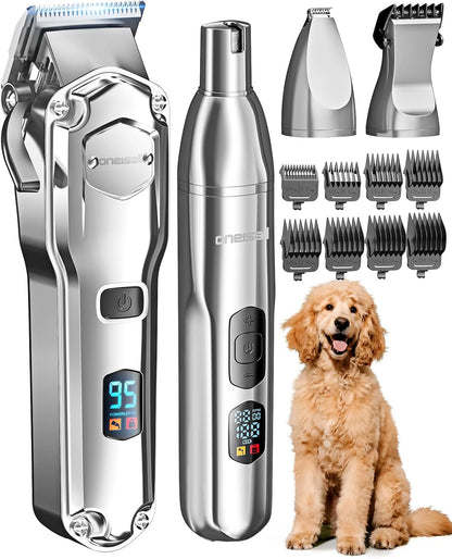 oneisall Dog Clippers for Grooming Thick/Heavy Coats, 4-in-1 Dog Grooming Kit Low Noise with Detachable Stainless Steel Blade, Cordless Paw Trimmer Pet Nail Grinder for Small & Large Dogs Cats Animals