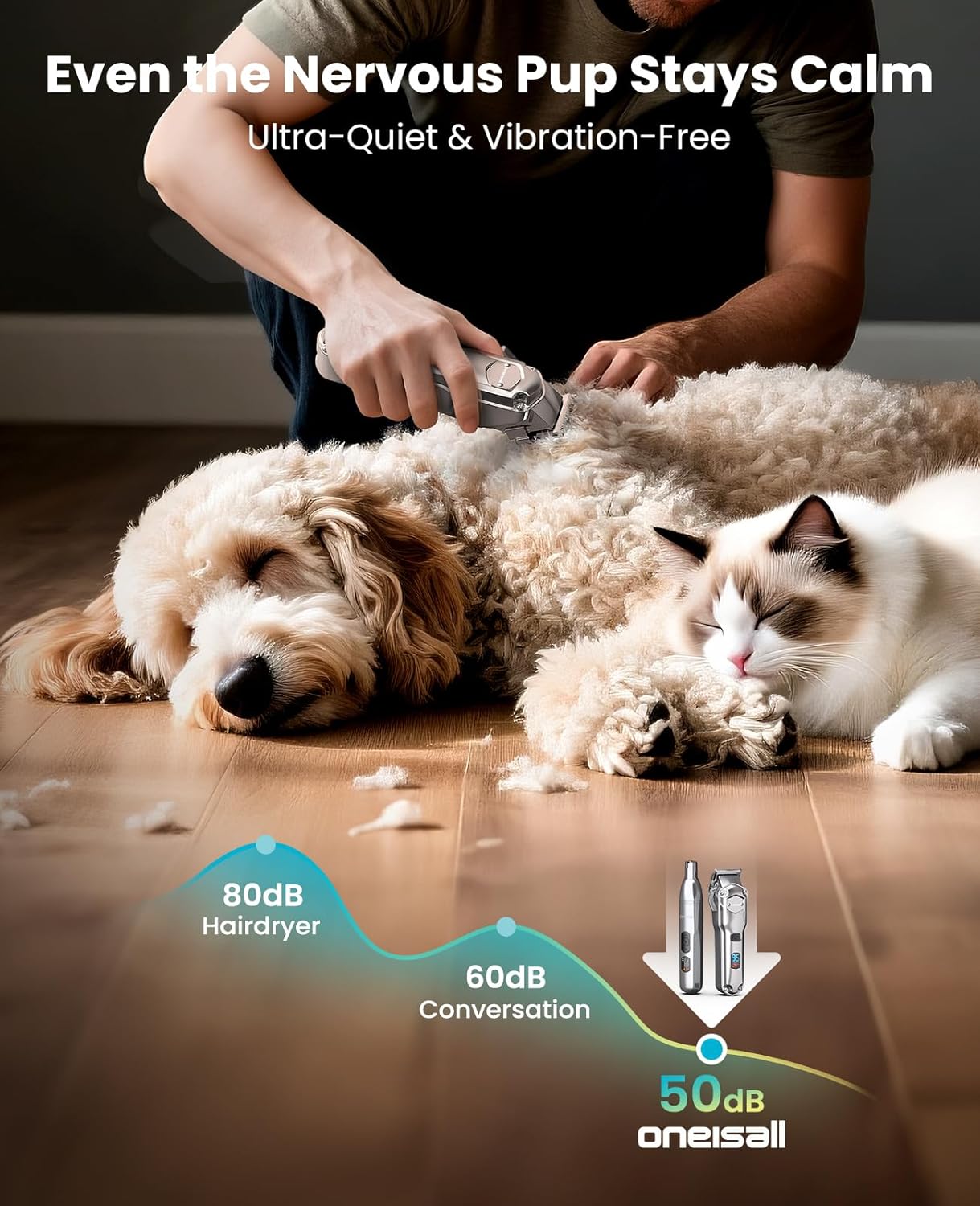 oneisall Dog Clippers for Grooming Thick/Heavy Coats, 4-in-1 Dog Grooming Kit Low Noise with Detachable Stainless Steel Blade, Cordless Paw Trimmer Pet Nail Grinder for Small & Large Dogs Cats Animals