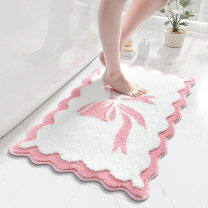 Anybar Bow Bath Mat Pink White Bathroom Rug Cute Scalloped Rugs Non Slip Floor Carpet Microfiber Bathmat Soft Super Absorbent Machine Washable Bathmat for Shower Scallop Bathroom Mats（20x32 inch）