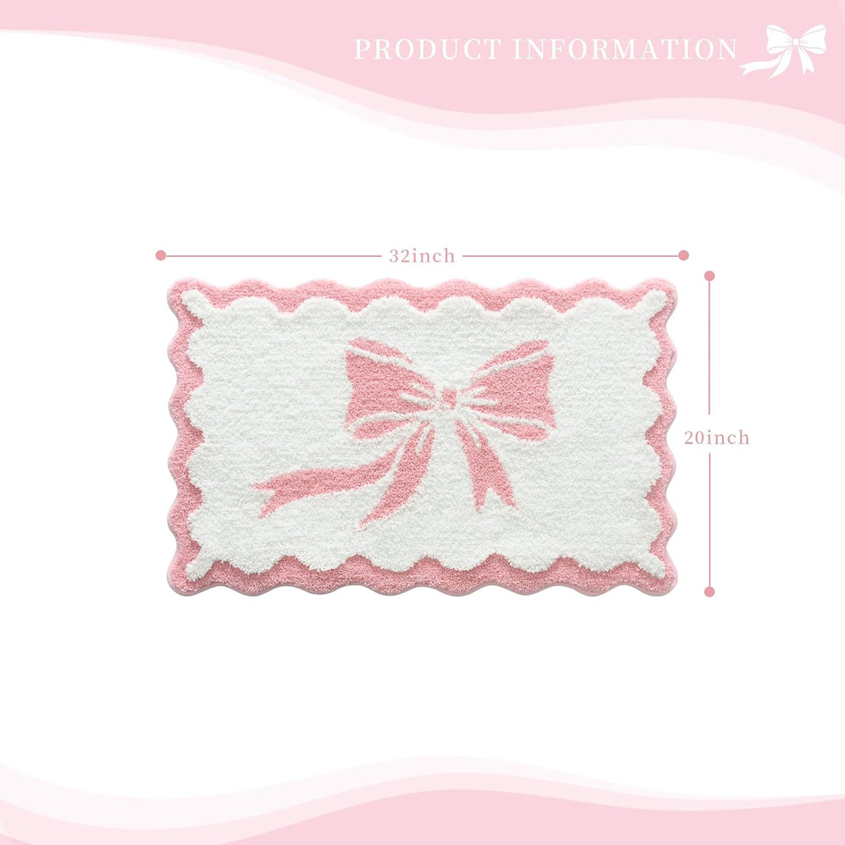 Anybar Bow Bath Mat Pink White Bathroom Rug Cute Scalloped Rugs Non Slip Floor Carpet Microfiber Bathmat Soft Super Absorbent Machine Washable Bathmat for Shower Scallop Bathroom Mats（20x32 inch）