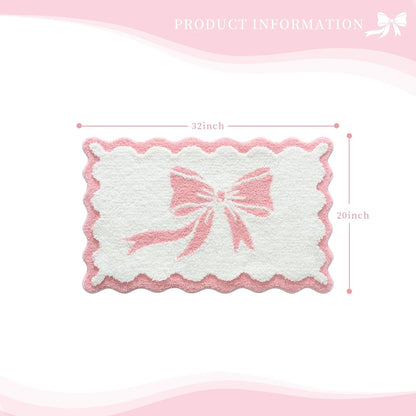 Anybar Bow Bath Mat Pink White Bathroom Rug Cute Scalloped Rugs Non Slip Floor Carpet Microfiber Bathmat Soft Super Absorbent Machine Washable Bathmat for Shower Scallop Bathroom Mats（20x32 inch）
