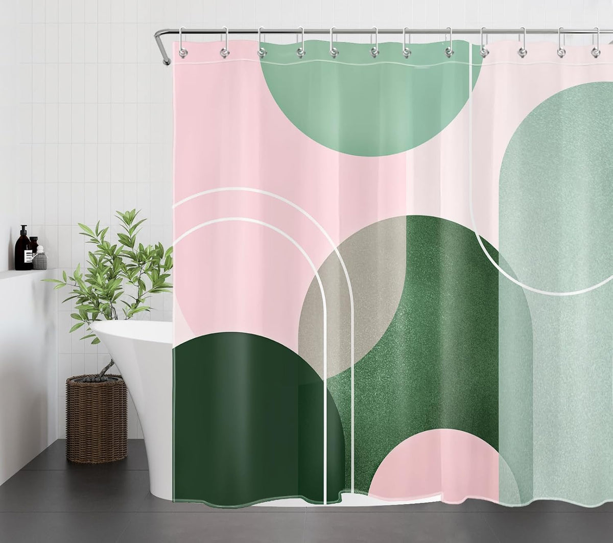 Mid Century Modern Shower Curtain Pink and Green Boho Abstract Shower Curtain with Hooks Minimalist Geometric Aesthetic Washable Fabric Shower Curtains for Bathroom,72x72 Inch