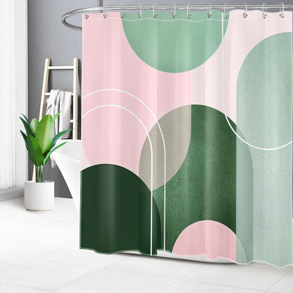 Mid Century Modern Shower Curtain Pink and Green Boho Abstract Shower Curtain with Hooks Minimalist Geometric Aesthetic Washable Fabric Shower Curtains for Bathroom,72x72 Inch