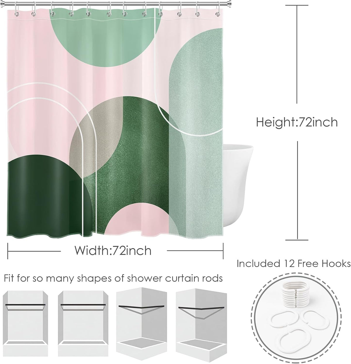 Mid Century Modern Shower Curtain Pink and Green Boho Abstract Shower Curtain with Hooks Minimalist Geometric Aesthetic Washable Fabric Shower Curtains for Bathroom,72x72 Inch