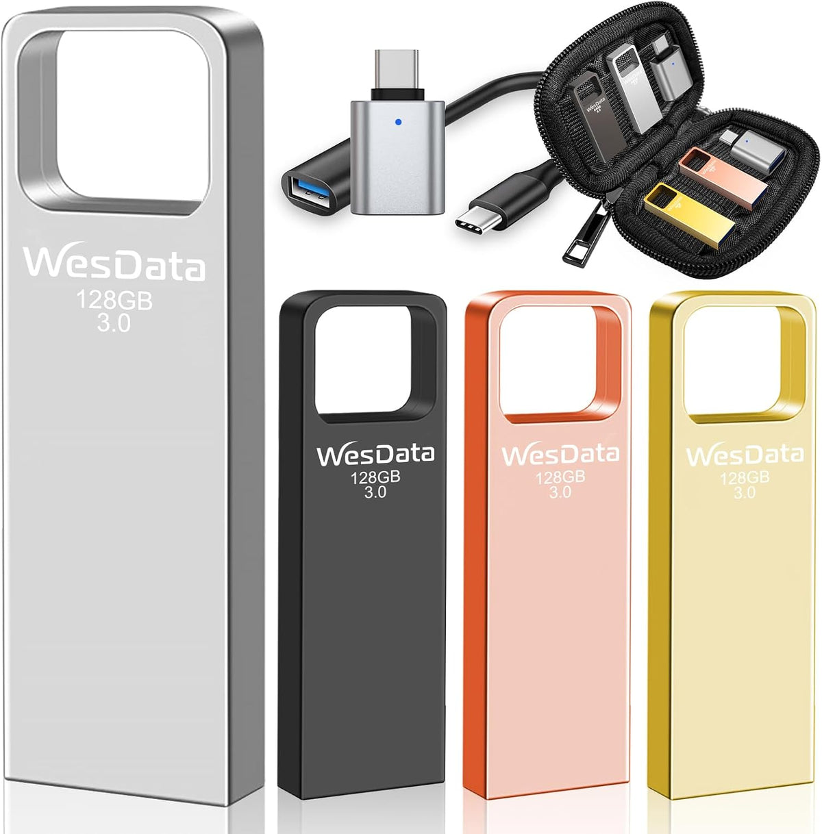 128GB USB 3.0 Flash Drive 4-Pack with USB C Adapters, Metal Mini Design, 100MB/s Read Speed, Storage Case Included, Pink Gold Gray Silver