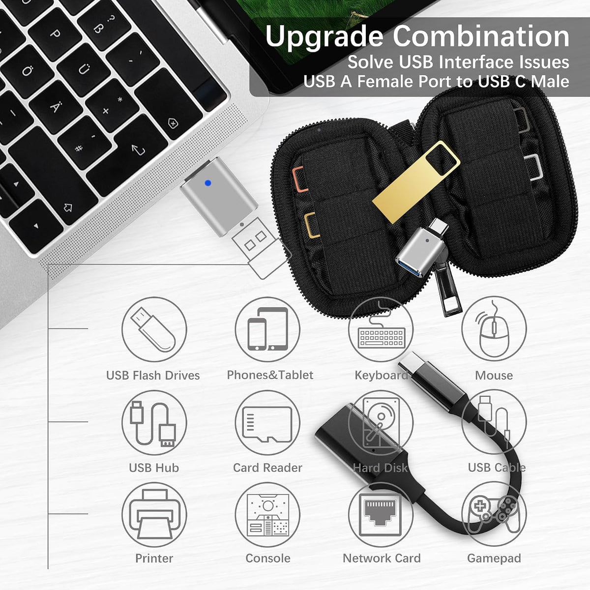 128GB USB 3.0 Flash Drive 4-Pack with USB C Adapters, Metal Mini Design, 100MB/s Read Speed, Storage Case Included, Pink Gold Gray Silver