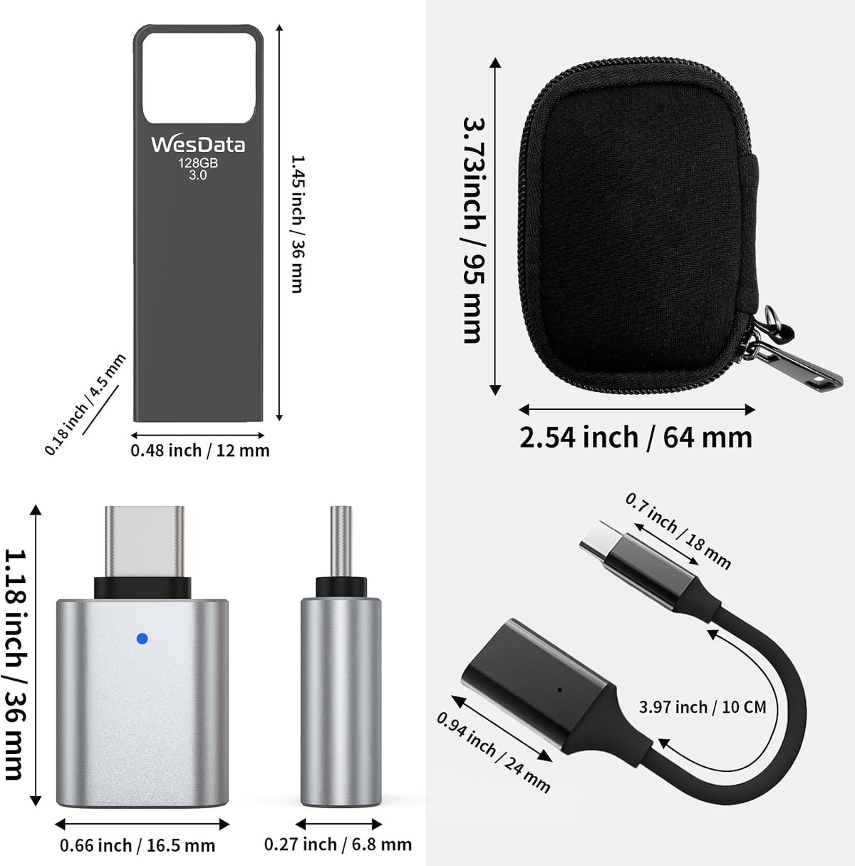 128GB USB 3.0 Flash Drive 4-Pack with USB C Adapters, Metal Mini Design, 100MB/s Read Speed, Storage Case Included, Pink Gold Gray Silver
