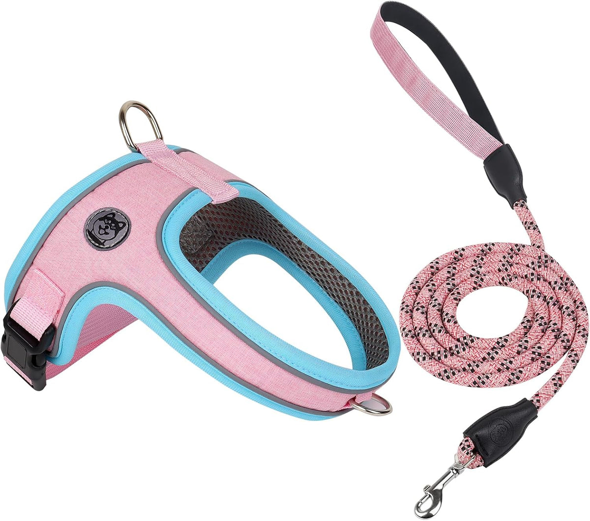 Dog Harness and Leash Set, No Pull Saddle Style Pet Harness, Breathable Mesh Adjustable Reflective Dog Vest for Medium Small Dogs Harness 2 D-Rings, Pink, M